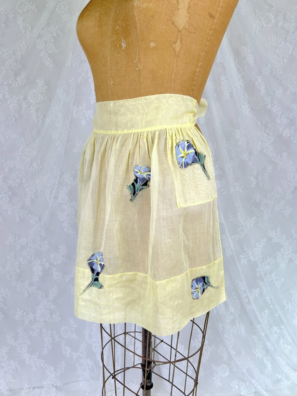 Vintage Yellow Half Apron, Sheer Cotton, Petunia Appliques, Cottagecore 50s-60s